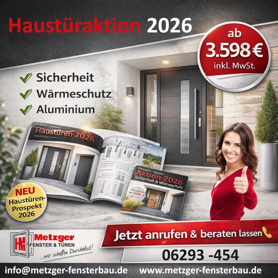 NEU: Unser Haustüren-Aktionsprospekt 2026 ist da! 🚪✨

Starten Sie ins neue Jahr – mit modernen Aluminium-Haustüren von Metzger Fenster & Türen.

🖥️ NEU: Wir visualisieren Ihre Wunsch-Haustür direkt an Ihrem Hauseingang – per Computer!
🔐 Sicherheit & Wärmeschutz
🎨 Viele Modelle, Farben & Designs
➕ Große Auswahl an Zubehör & Ausstattungen
🏡 Individuell geplant – perfekt für Ihr Zuhause

In unserem neuen Prospekt entdecken Sie zahlreiche Haustür-Varianten, moderne Designs und praktische Ausstattungsmöglichkeiten für Komfort, Energieeffizienz und Sicherheit.

👉 Jetzt Prospekt online ansehen:
https://www.metzger-fensterbau.de/2026/01/07/aktion-2026-stark-ins-neue-jahr-starten/#

📞 Persönliche Beratung? Wir sind für Sie da!

Metzger Fenster & Türen
🌐 www.metzger-fensterbau.de

📞 Telefon: 06293 454

Metzger Fenster & Türen – wir schaffen Durchblick.

#Haustüren2026 #MetzgerFensterbau #Haustür #AluminiumHaustür #SicherheitUndWärmeschutz
#ModernesWohnen #Hausbau #Renovieren #Energieeffizienz #QualitätVomFachbetrieb
#FensterUndTüren #metzgerfenster #metzgerfensterundtueren