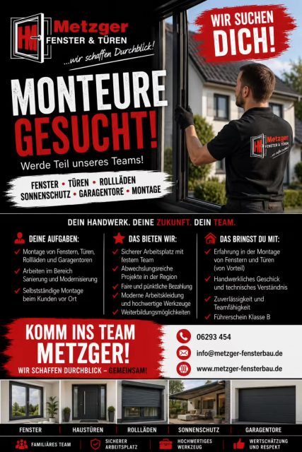 🔴 MONTEURE GESUCHT! 🔴

Du suchst einen neuen Job im Handwerk und möchtest Teil eines starken Teams werden?

Dann komm zu Metzger Fenster & Türen!

✅ Faire und pünktliche Bezahlung
✅ Moderner Fuhrpark & hochwertiges Werkzeug
✅ Abwechslungsreiche Projekte in der Region
✅ Familiäres Team

📞 06293 454
📱 +49 151 28777521
📧 info@metzger-fensterbau.de
🌐 www.metzger-fensterbau.de

👉 Jetzt anrufen, WhatsApp schreiben oder direkt bewerben!

#MonteurGesucht #Fensterbau #HandwerkJobs #MetzgerFensterTüren #TeamMetzger