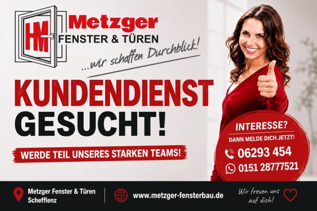 🔴 WIR SUCHEN DICH! – KUNDENDIENST (m/w/d) 🔧

Du hast handwerkliches Geschick, Erfahrung im Bereich Fenster, Türen oder Rollläden und suchst eine neue berufliche Herausforderung?

💪 Dann werde Teil unseres Teams bei Metzger Fenster & Türen!

🎁 WAS DICH BEI UNS ERWARTET:

✅ Attraktive & leistungsgerechte Bezahlung

✅ Verschiedene Benefits & Zusatzleistungen

✅ Sicherer Arbeitsplatz mit Zukunft

✅ Abwechslungsreiche Aufgaben & eigenverantwortliches Arbeiten

✅ Familiäres Arbeitsklima & starkes Team

🔧 DAS SOLLTEST DU MITBRINGEN:

✔️ Handwerkliche Ausbildung oder entsprechende Berufserfahrung

✔️ Fundierte Fachkenntnisse und praktische Erfahrung im Bereich Fenster, Türen und Rollläden

✔️ Technisches Verständnis & handwerkliches Geschick

✔️ Selbstständige, zuverlässige & kundenorientierte Arbeitsweise

✔️ Führerschein Klasse B

🚀 ZEIT FÜR EINEN TAPETENWECHSEL?

Du möchtest dich beruflich verändern und suchst einen Arbeitgeber, bei dem du dich wohlfühlst?

👉 Dann melde dich bei uns – ganz unkompliziert und auch ohne aufwendige Bewerbung!

📞 06293 454

📱 0151 28777521 (WhatsApp)

🌐 www.metzger-fensterbau.de

📍 Metzger Fenster & Türen | Schefflenz

❤️ Wir freuen uns auf dich!

#WirSuchenDich #KundendienstGesucht #Jobwechsel #HandwerkerGesucht #Fensterbau #Türenbau #Schefflenz #Mosbach #Adelsheim #NeckarOdenwaldKreis #TeamMetzger #JetztBewerben