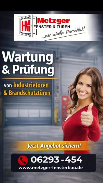 🚪🔧 Wir kümmern uns um Ihre Industrietore & Brandschutztüren!
Bei Metzger Fenster & Türen sorgen wir dafür, dass Ihre Tore und Brandschutztüren sicher, funktionstüchtig und vorschriftsgemäß gewartet sind.

🛠️ Unsere Leistungen:
• Fachgerechte Wartung von Industrietoren
• Prüfung & Wartung von Brandschutztüren
• Reparatur & Instandsetzung bei Bedarf
• Dokumentation nach Norm und Vorschrift

Schützen Sie Ihr Unternehmen und Ihre Mitarbeitenden – mit Service, auf den Sie sich verlassen können! 💪

📍 Metzger Fenster & Türen
📍 Kochgrabenring 2, 74850 Schefflenz ￼
📞 Tel.: +49 6293 454 ￼
📧 E-Mail: info@metzger-fensterbau.de ￼
🔗 www.metzger-fensterbau.de ￼

👉 Jetzt Termin vereinbaren und Sicherheit auf den neuesten Stand bringen! 🗓️

#Industrietor #IndustrietorWartung #Torservice #Brandschutztür #Brandschutz #Wartung #Sicherheit #Betriebssicherheit #Service #MetzgerFensterUndTüren #Schefflenz #Handwerk